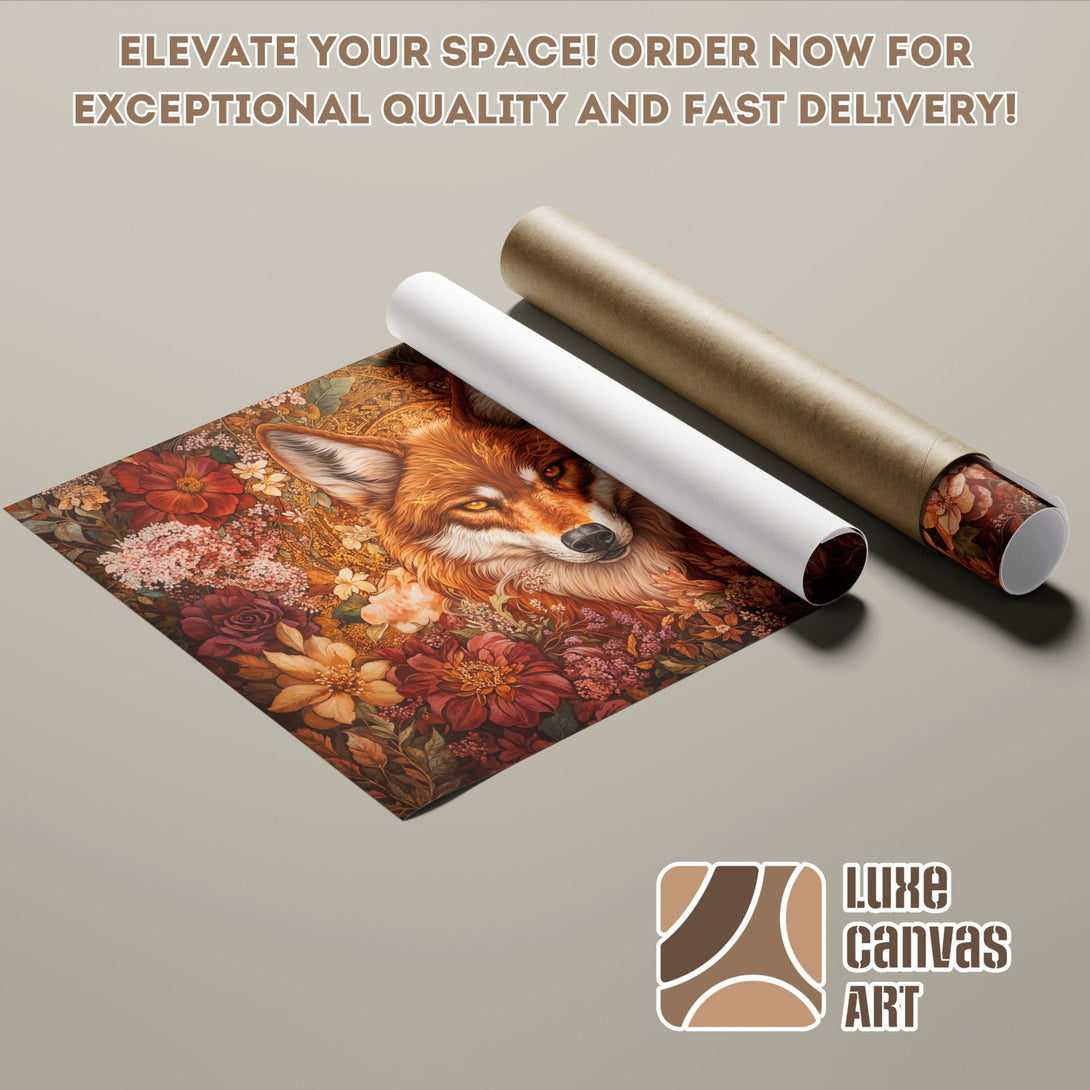 Fox Poster Roll with floral details, warm color palette. Elevate your space with Luxe Canvas Art!