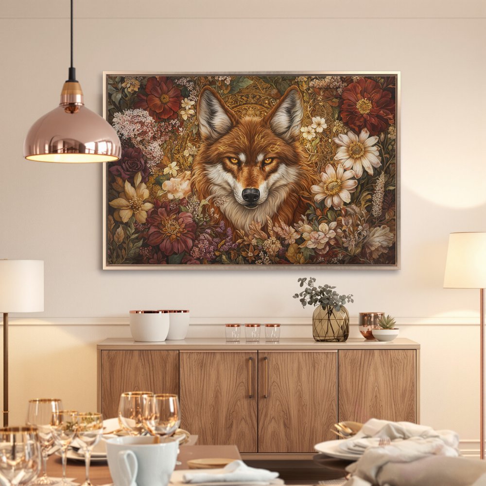 Framed Wall Art featuring a majestic fox portrait surrounded by flowers. Warm, earthy tones of brown, burgundy, and gold create a stunning focal point.