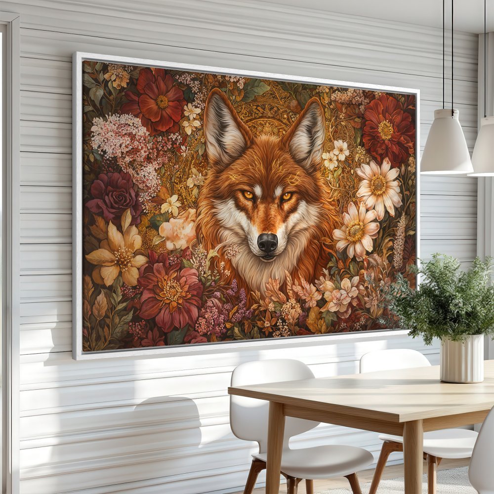 Framed Wall Art: Majestic fox portrait Canvas Print in warm earth tones, surrounded by floral details. Perfect for adding a touch of nature to your home decor.