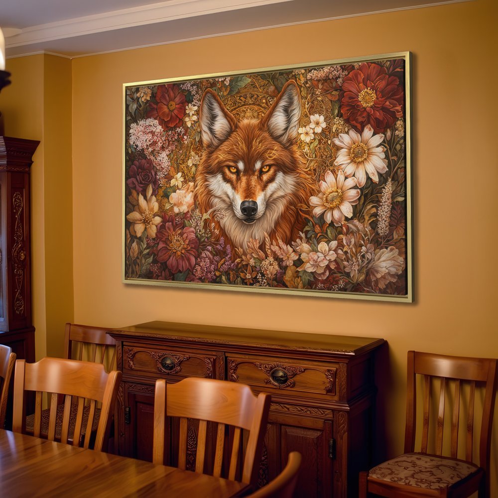 Canvas Print featuring a majestic fox surrounded by flowers. Warm, earthy tones create a cozy, artistic atmosphere. Elevate your space!