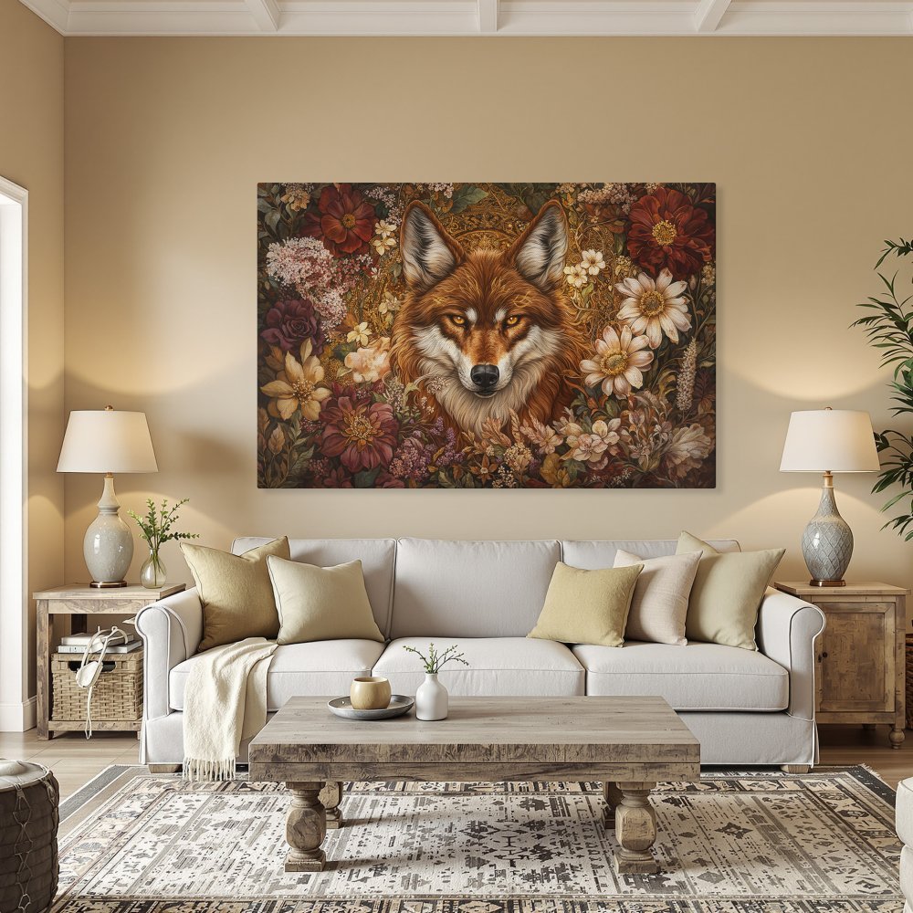 Framed Wall Art: Majestic wolf portrait in a floral garden, warm earthy tones. Stunning canvas print for your home decor.
