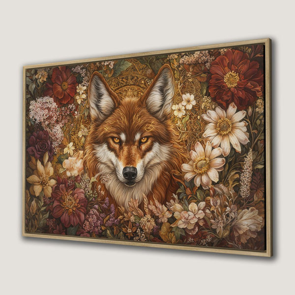 Framed Wall Art: Majestic fox portrait surrounded by flowers. Warm, earthy tones in a detailed, artistic style. Perfect for any room.
