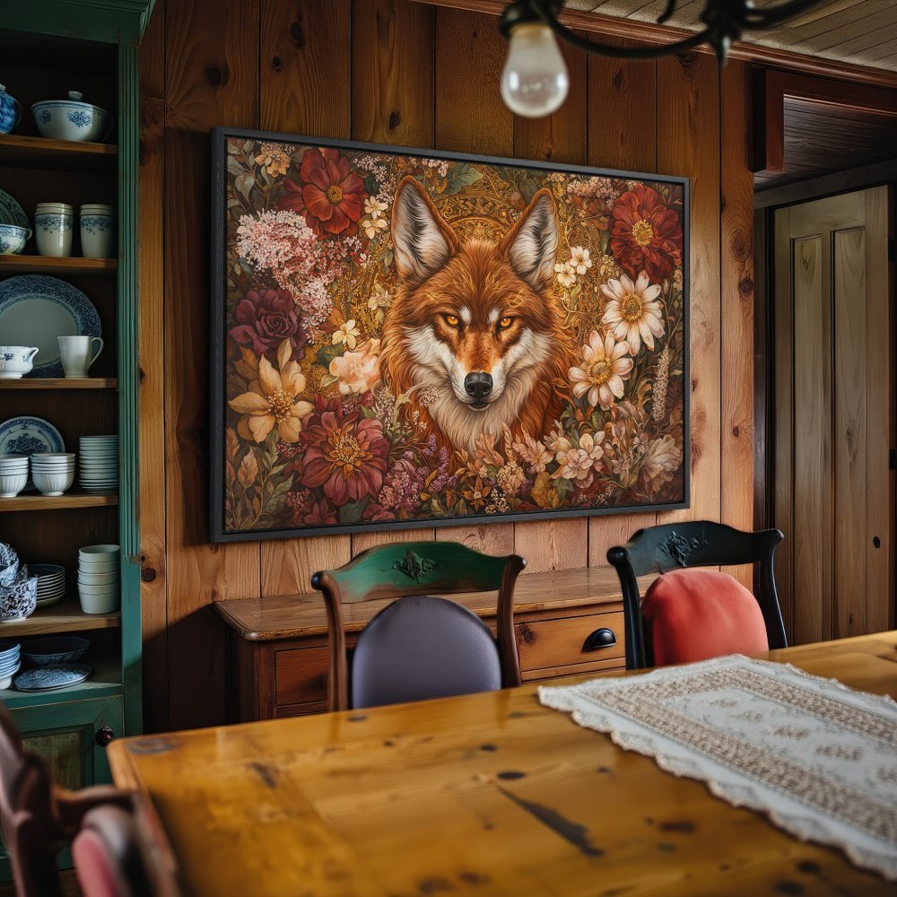 Framed Wall Art: Majestic fox portrait in floral setting. Warm, earthy tones. Enhance your decor with this stunning Canvas Print!