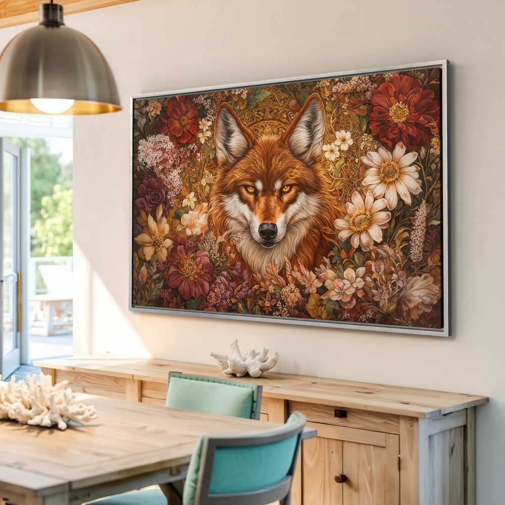 Framed Wall Art featuring a majestic fox surrounded by flowers. Warm, earthy tones in a detailed, artistic style. Perfect for your home decor!