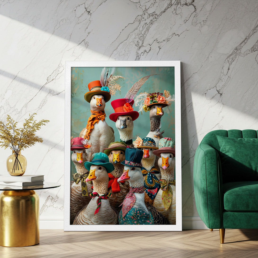 Framed Poster featuring whimsical geese in hats, vibrant colors, and a vintage style, perfect wall art.