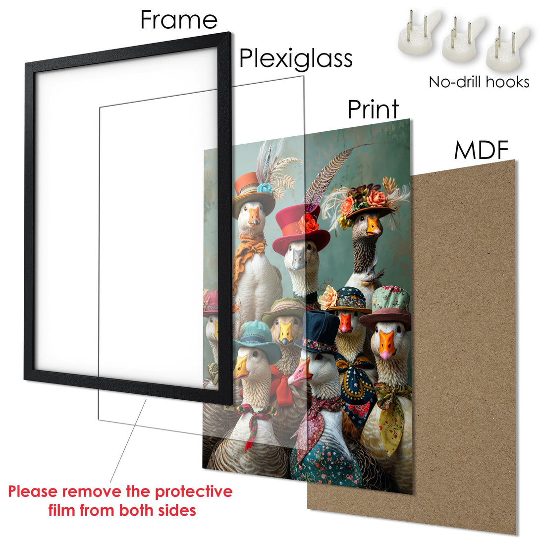 Framed Poster featuring whimsical geese in hats, with a teal and neutral color palette. Perfect wall art decor!