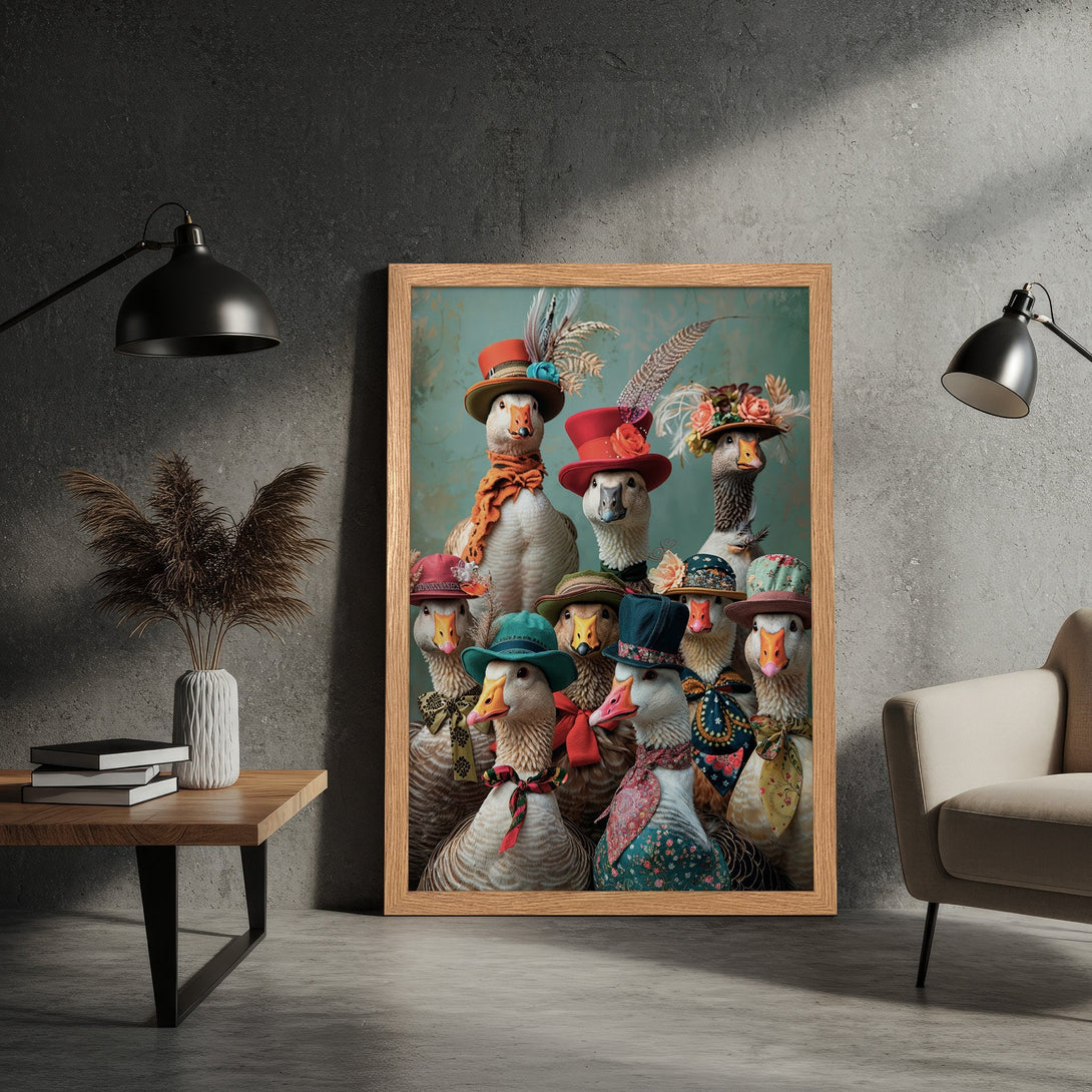 Framed Poster featuring whimsical geese in hats, a quirky art print with a teal and neutral color palette.