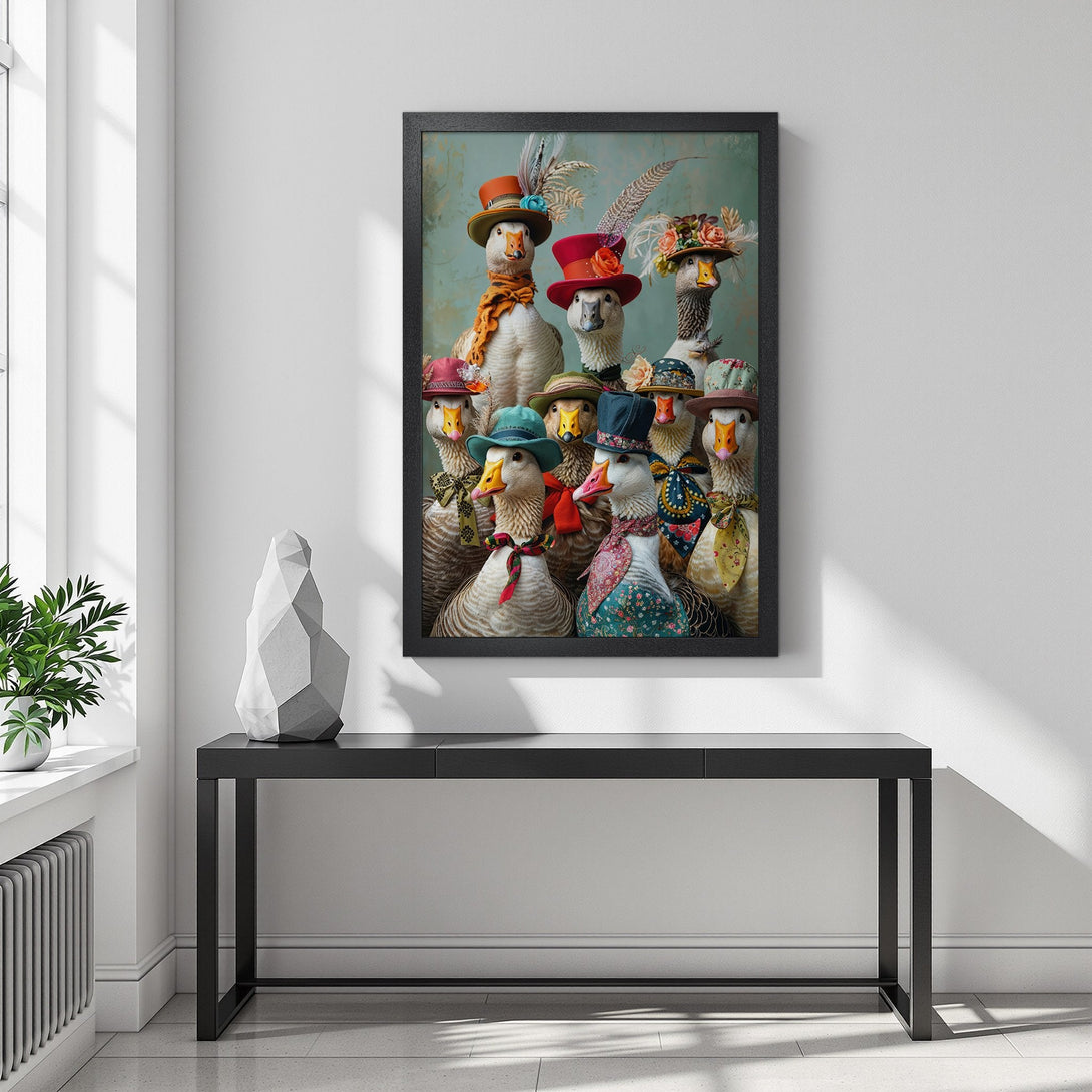Framed Poster featuring whimsical geese in hats, vibrant colors. Perfect wall art for a unique home decor style.