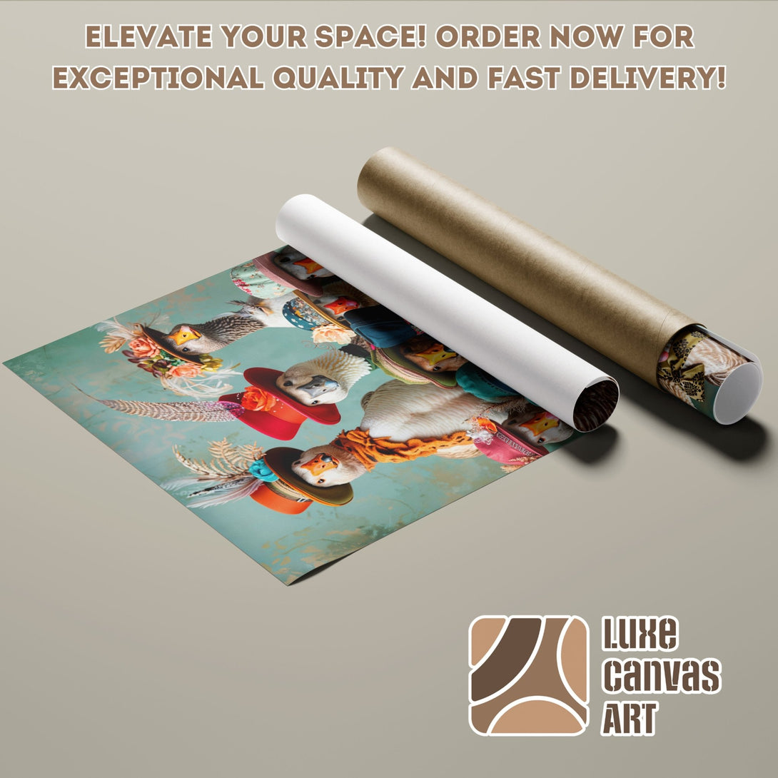 Poster Roll featuring whimsical birds with hats, teal and brown color palette. Elevate your space with this unique art!