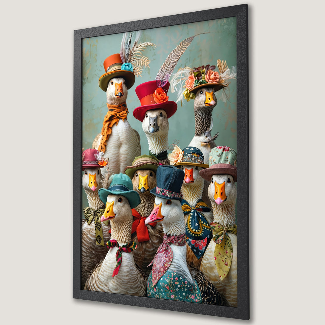 Framed Poster featuring geese in hats and scarves, whimsical art with a pastel color palette. Unique wall decor.
