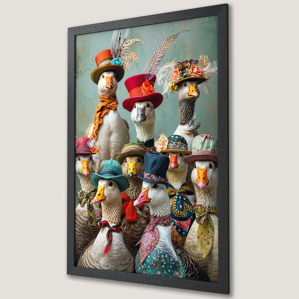 Framed Poster featuring geese in hats and scarves, whimsical art with a pastel color palette. Unique wall decor.