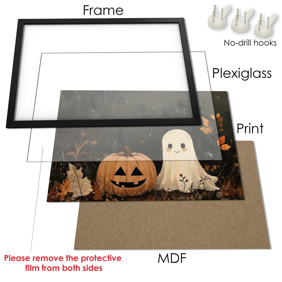 Framed Poster featuring a Halloween design with a pumpkin and ghost, in a muted color palette. Perfect spooky decor!