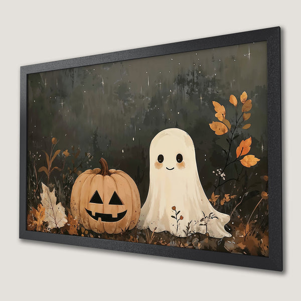 Framed Poster featuring a cute ghost and pumpkin in watercolor style, with a dark, earthy color palette. Perfect Halloween decor!