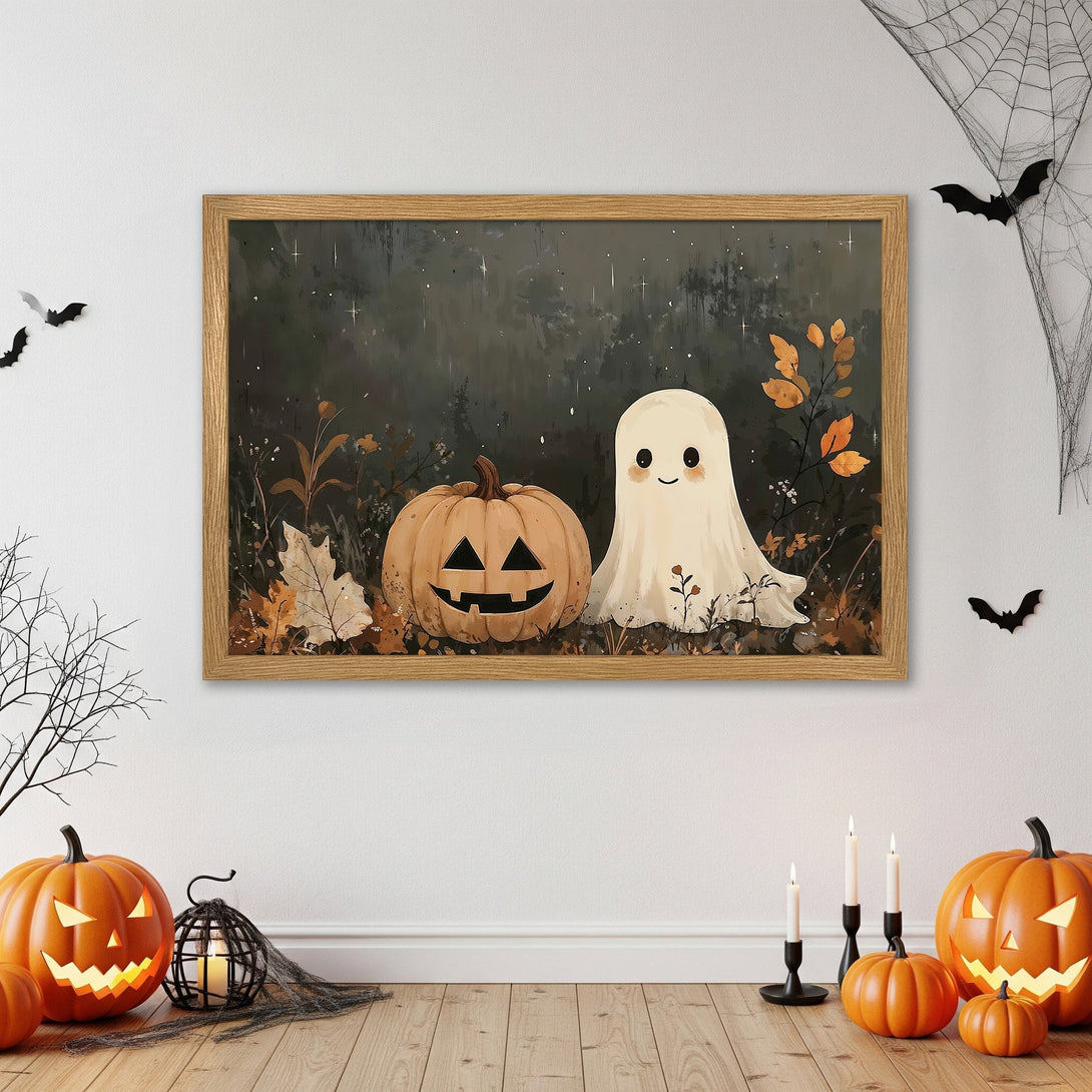 Framed Poster featuring a cute ghost and pumpkin illustration, perfect for Halloween decor. Watercolor style, warm autumnal colors.