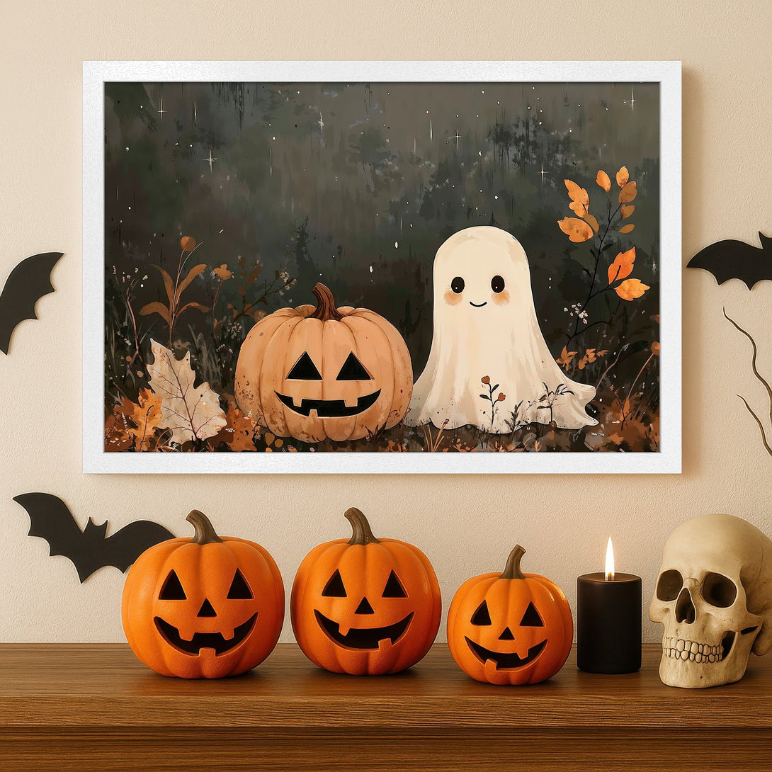 Framed Poster featuring a cute Halloween ghost and pumpkin illustration in a whimsical style with a dark, earthy color palette.