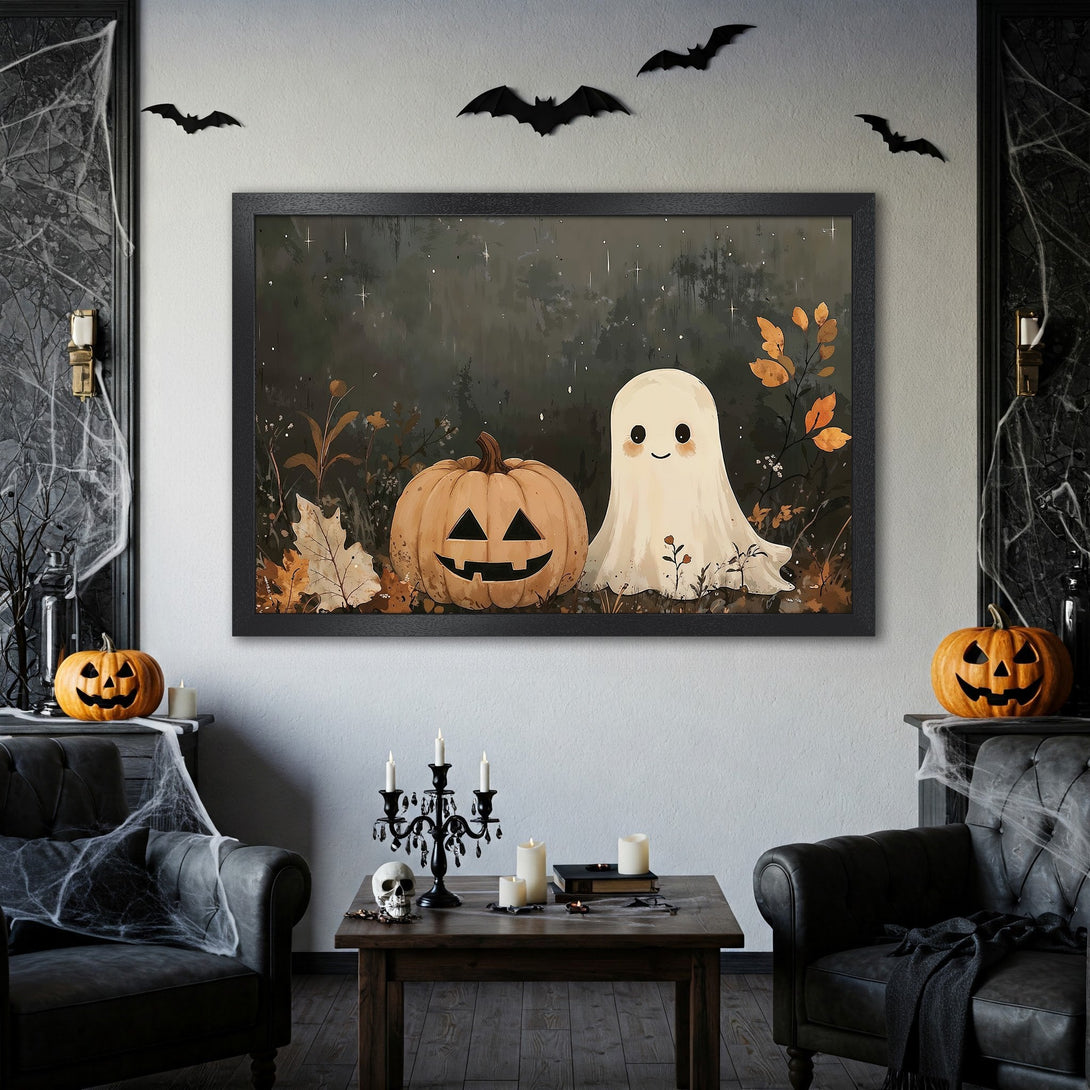 Framed Poster featuring a cute Halloween scene with a pumpkin and ghost. Dark, moody color palette, perfect for spooky decor.