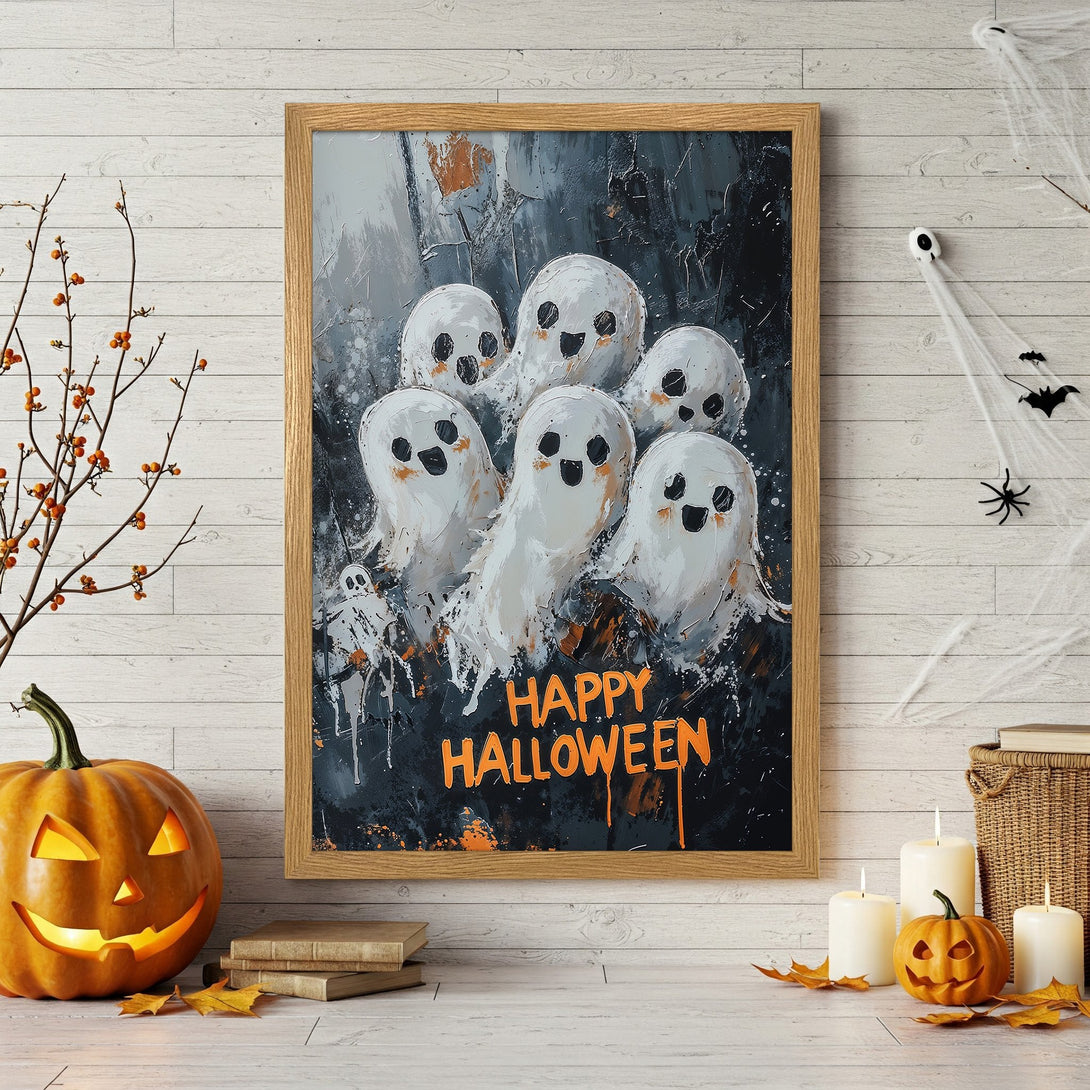 Framed Poster featuring cute ghost art in a modern style with a dark, moody color palette. Perfect Halloween decor!