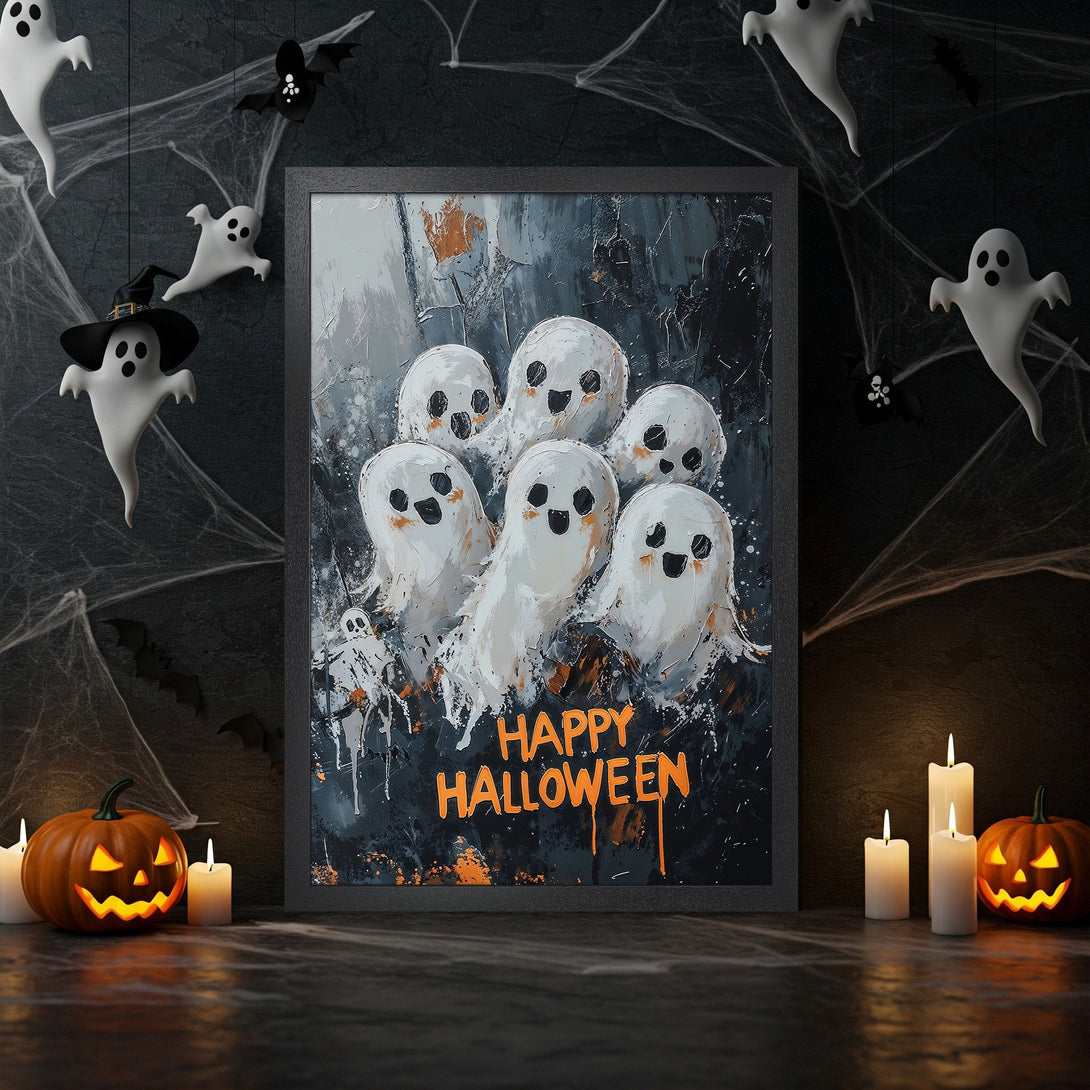 Framed Poster featuring spooky ghost art in a dark, moody palette. Perfect Halloween decor! Get your Halloween Poster today!