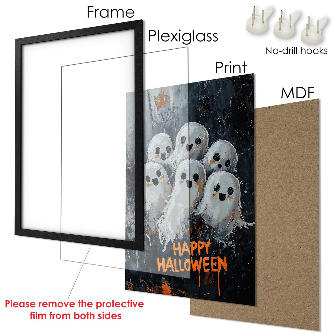 Framed Poster featuring spooky ghosts art. Modern style with a black, white, and orange color palette. Perfect Halloween decor!