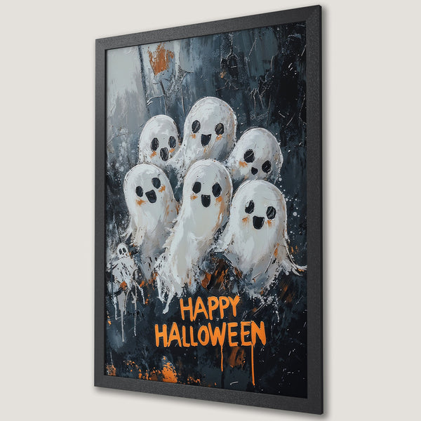 Framed Poster: Happy Halloween art with cute ghost painting, dark & orange palette, perfect for spooky decor. Get yours now!