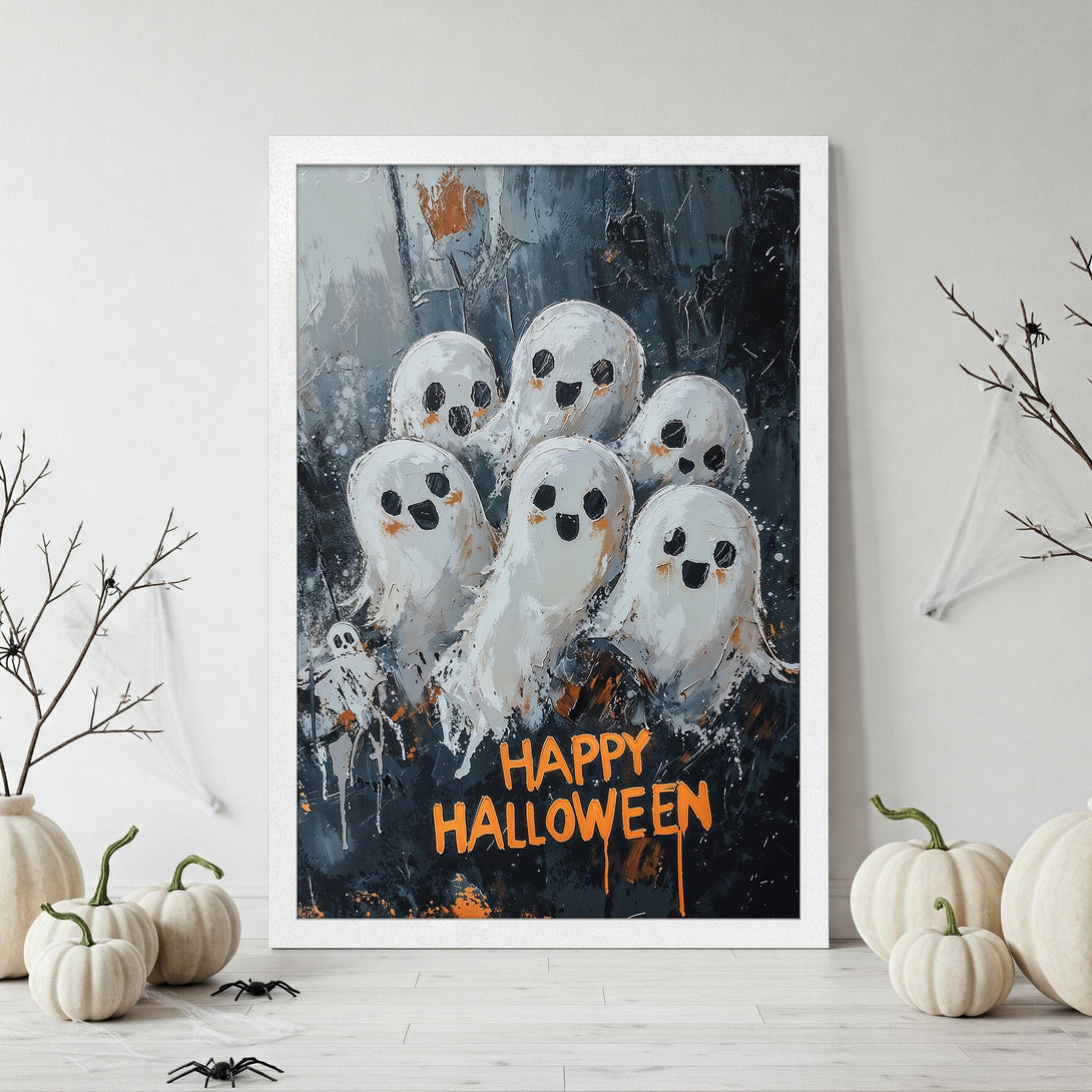 Framed Poster featuring a group of friendly ghosts in an abstract style with a dark, gray, and orange color palette. Perfect for Halloween decor!