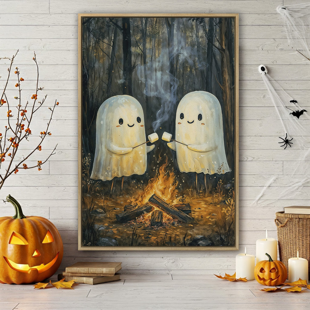 Framed Wall Art featuring adorable ghosts roasting marshmallows by a campfire in a whimsical, autumn-toned forest scene. Perfect Halloween decor!