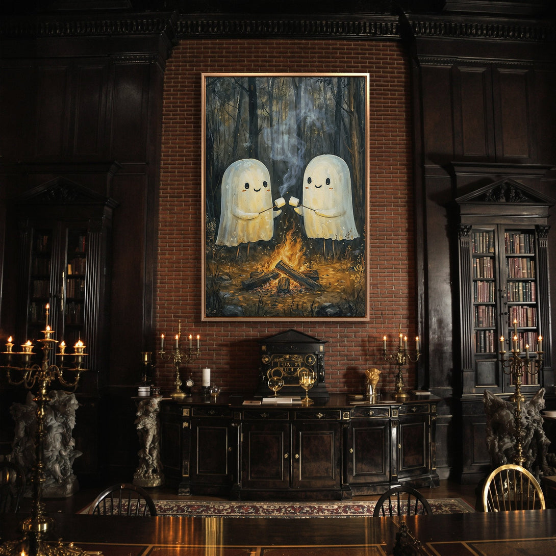 Framed Wall Art: Cute ghost illustration in a cozy interior. Warm color palette with a touch of whimsy. Perfect for adding personality to your space.
