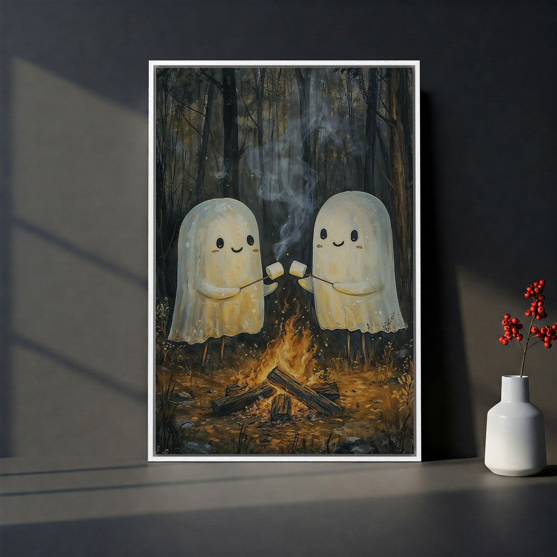Framed Wall Art featuring cute ghost characters roasting marshmallows around a campfire in a forest. Warm, earthy tones with whimsical illustration style. Perfect for Halloween decor!