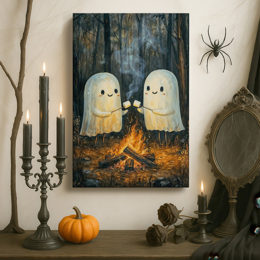 Framed Wall Art featuring adorable ghost characters roasting marshmallows. Warm, inviting color palette with cozy vibes for your home.