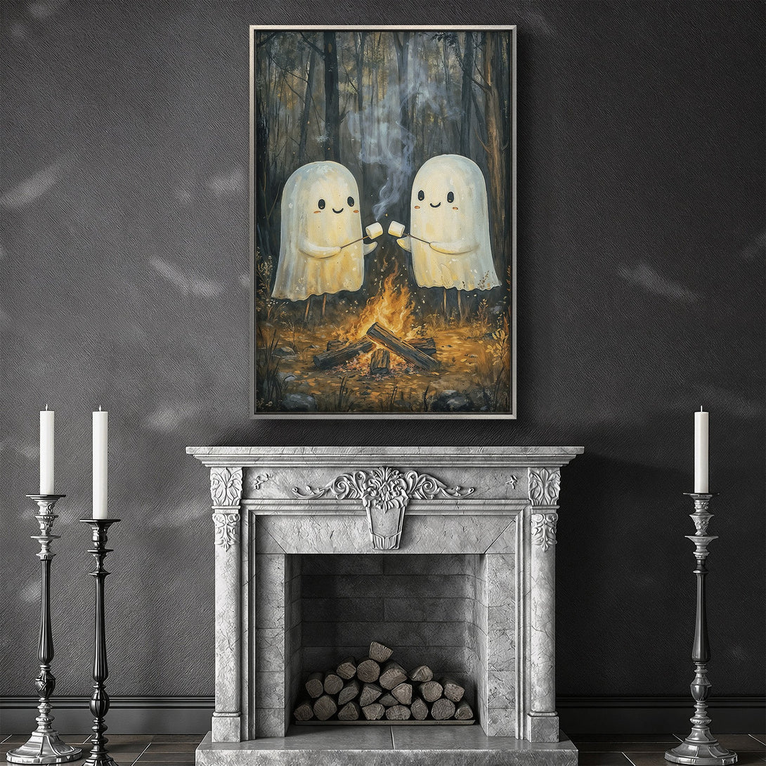 Framed Wall Art featuring cute ghosts roasting marshmallows by a campfire, set in a whimsical forest scene. Warm, inviting color palette perfect for cozy decor.