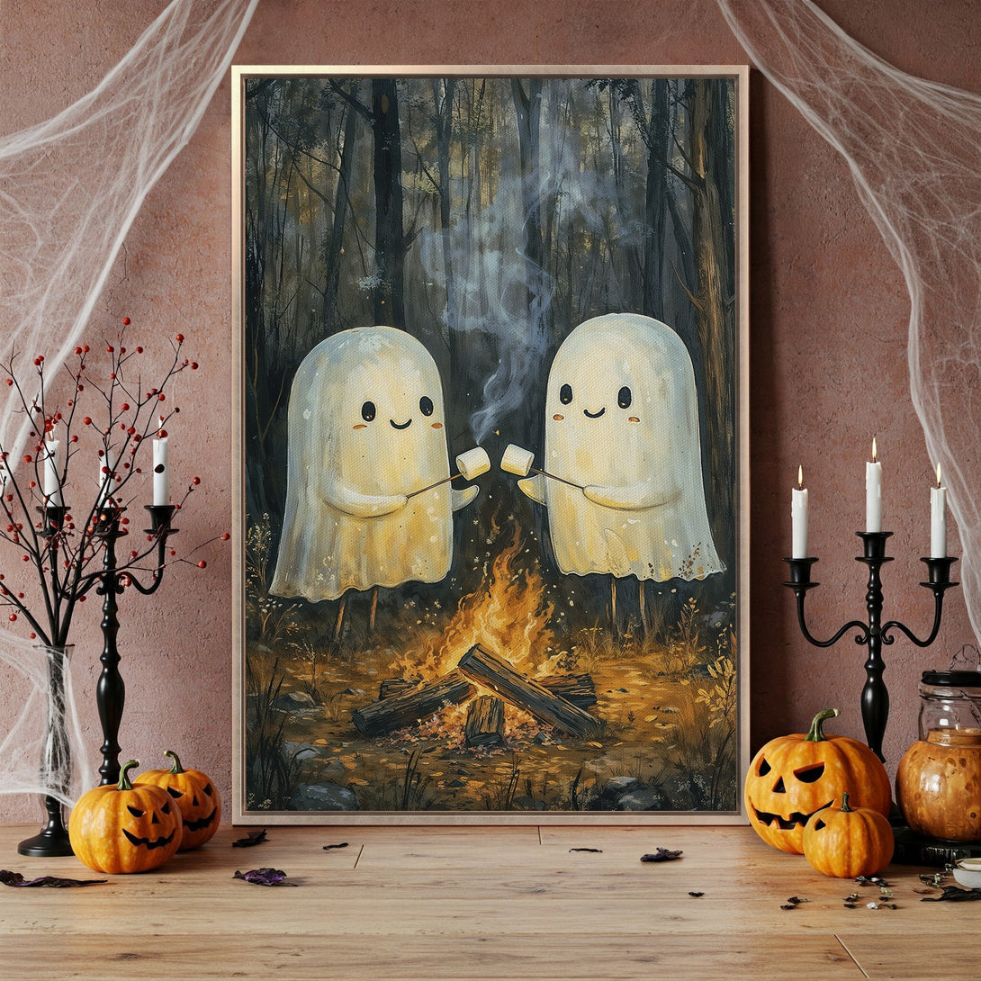 Framed Wall Art: Cute ghost art roasting marshmallows. Cozy Halloween decor in warm, earthy tones. Perfect for fall & spooky season!