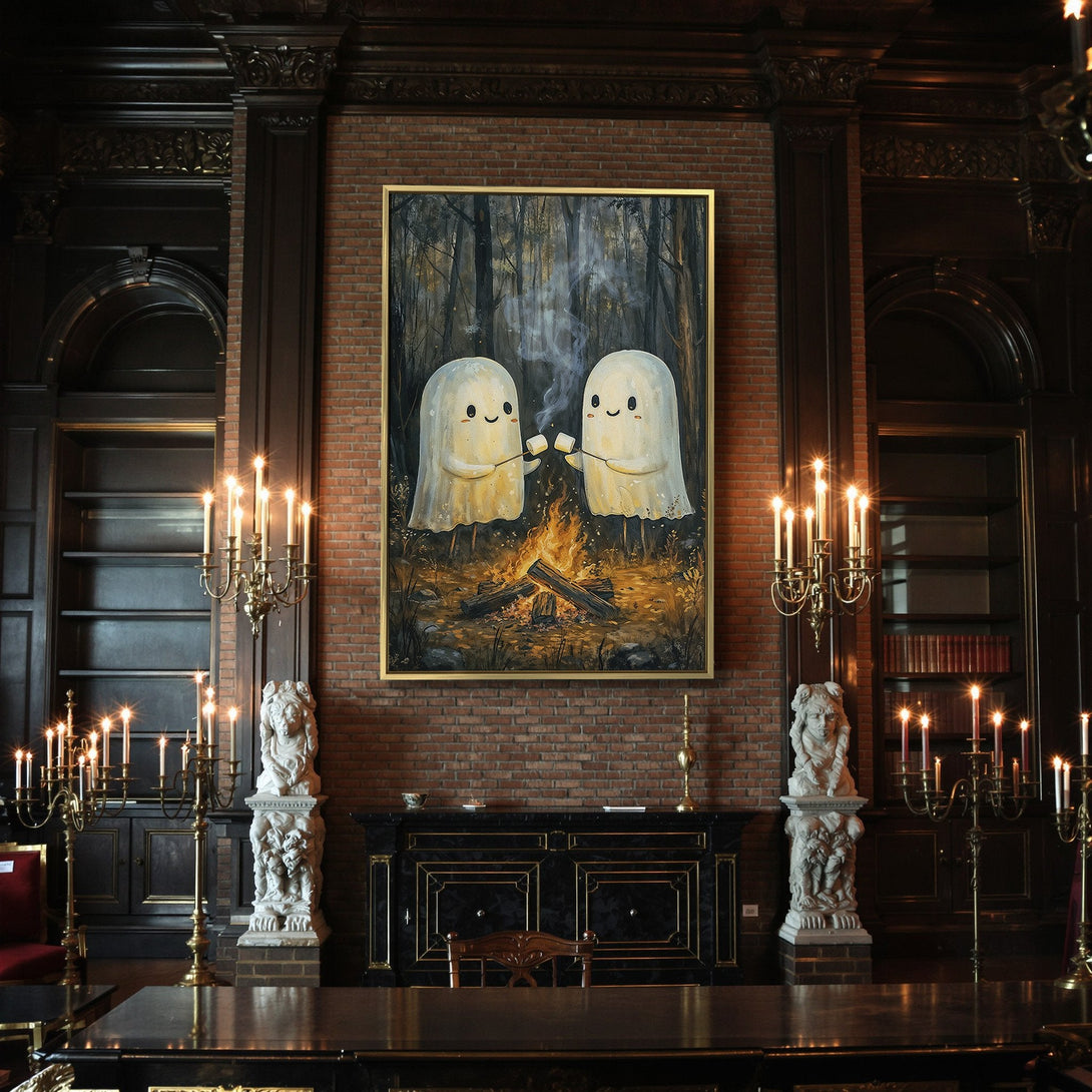Canvas Print: Adorable ghosts roasting marshmallows by a campfire. Whimsical Halloween art in warm, autumnal hues. Perfect spooky decor!