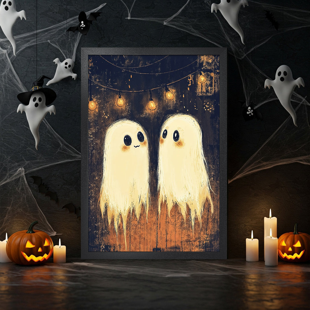 Framed Poster featuring cute ghost art in a warm, Halloween color palette. Perfect spooky decor!