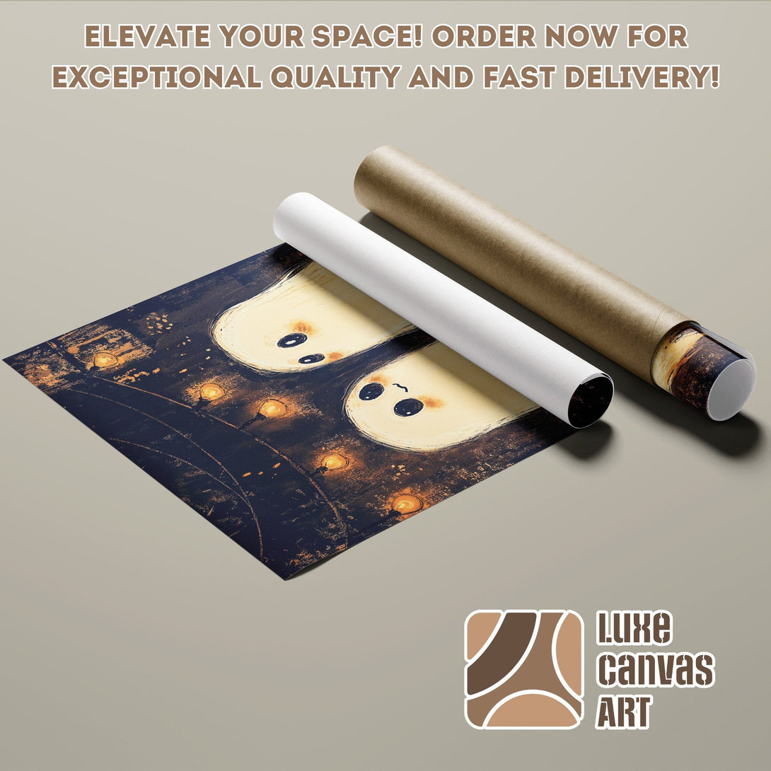 Whimsical Poster Roll featuring cute ghosts, dark blue & warm color palette. Order your art today!