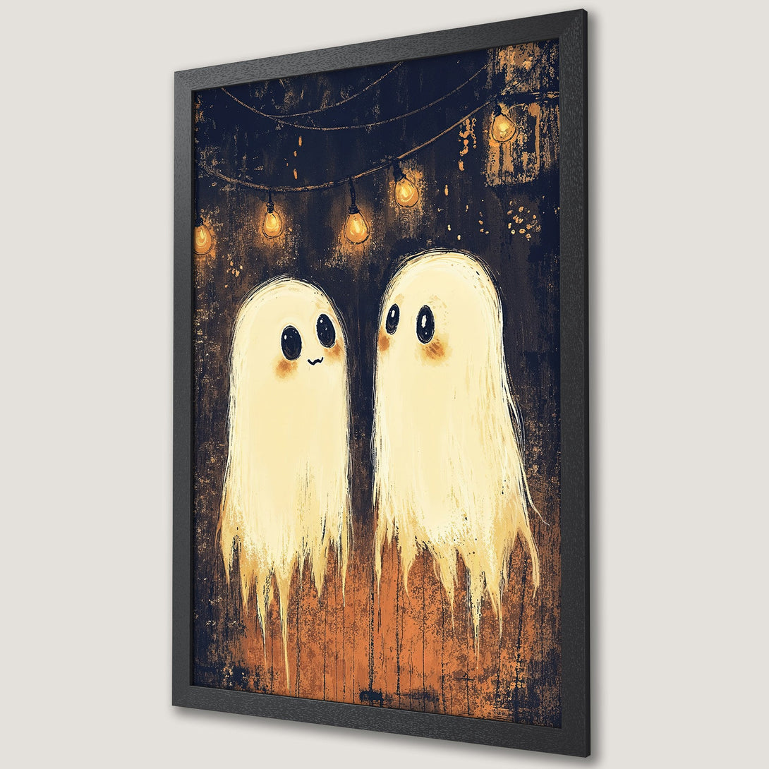 Framed Poster featuring cute ghost illustration in warm, inviting colors. Perfect Halloween decor!