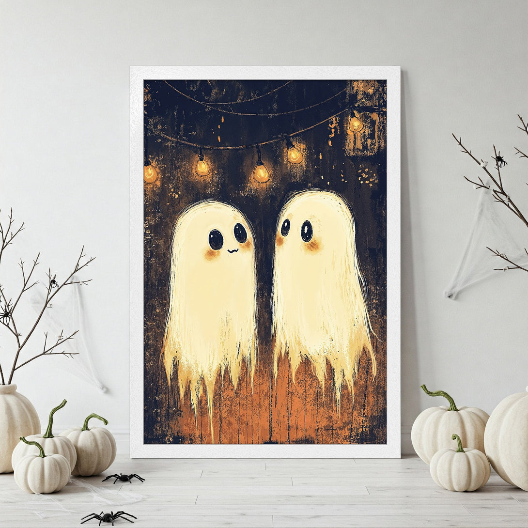 Framed Poster featuring cute ghost illustration in a warm, autumnal color palette. Perfect Halloween decor!