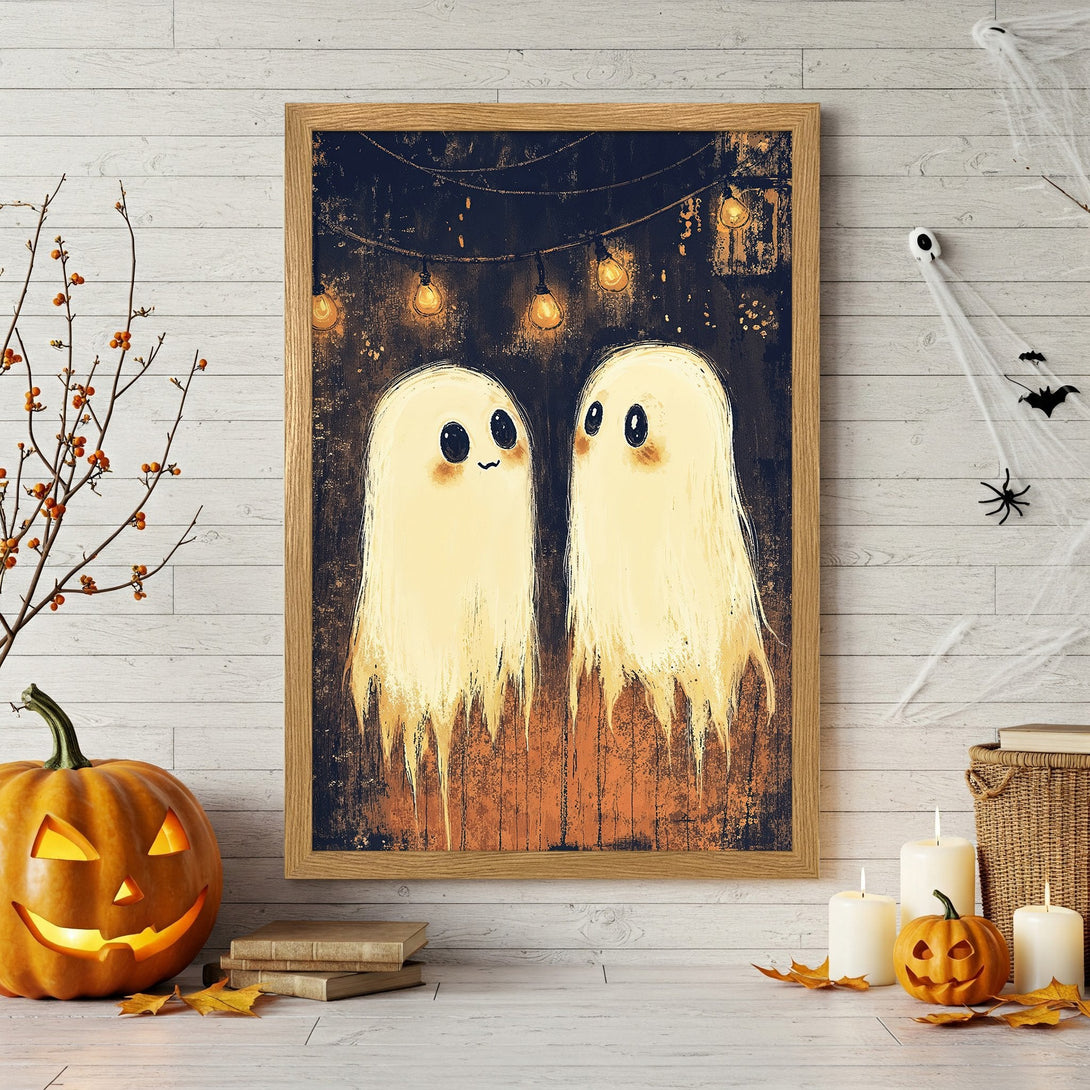 Framed Poster featuring adorable ghost art in a warm, autumnal color palette. Perfect Halloween decor!