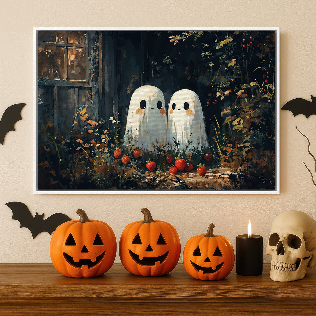 Framed Wall Art: Adorable ghost art in a whimsical style. Dark, moody color palette with pops of orange and red. Perfect Halloween decor!