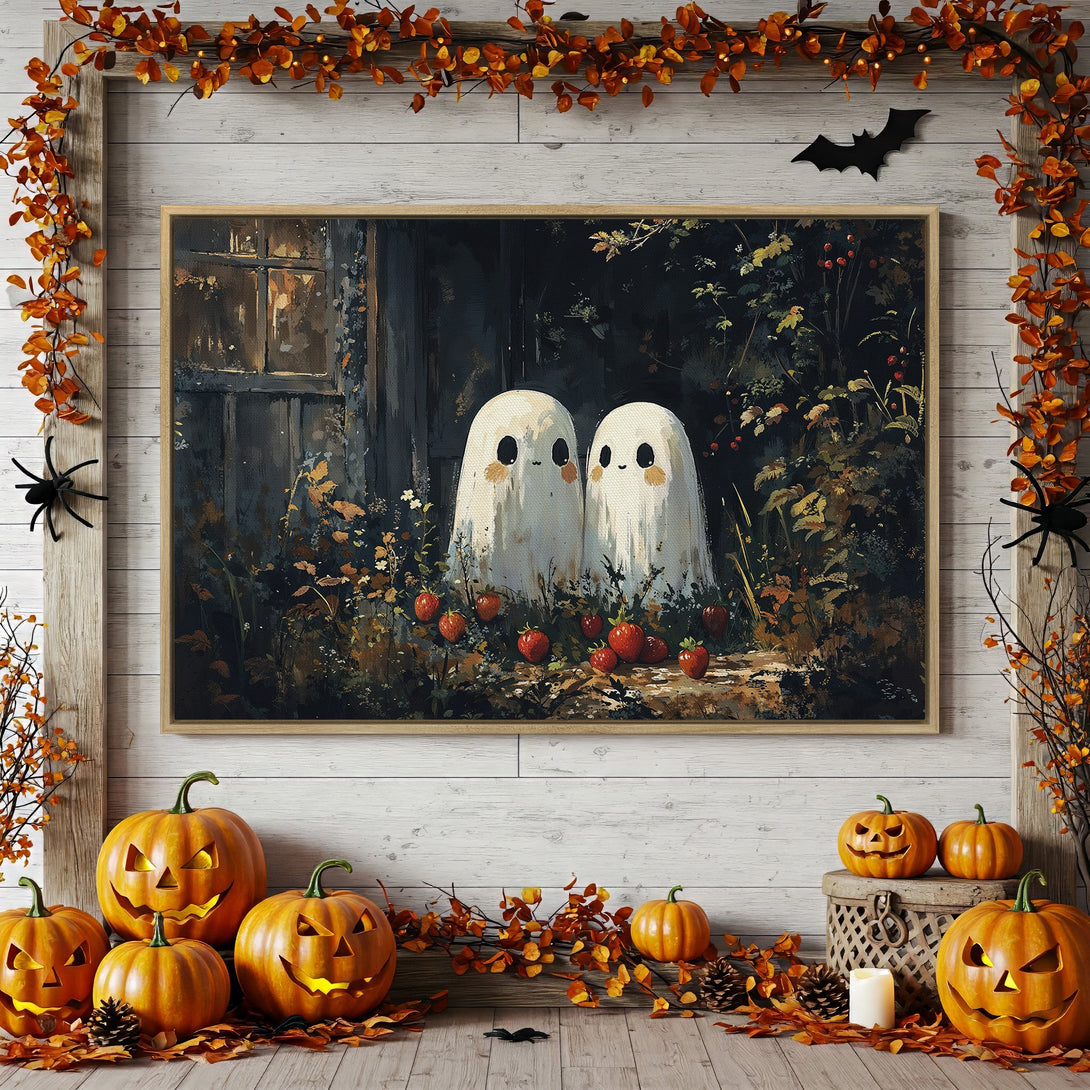 Framed Wall Art featuring two cute ghosts in a dark, whimsical style with a warm, autumnal color palette. Perfect Halloween decor!