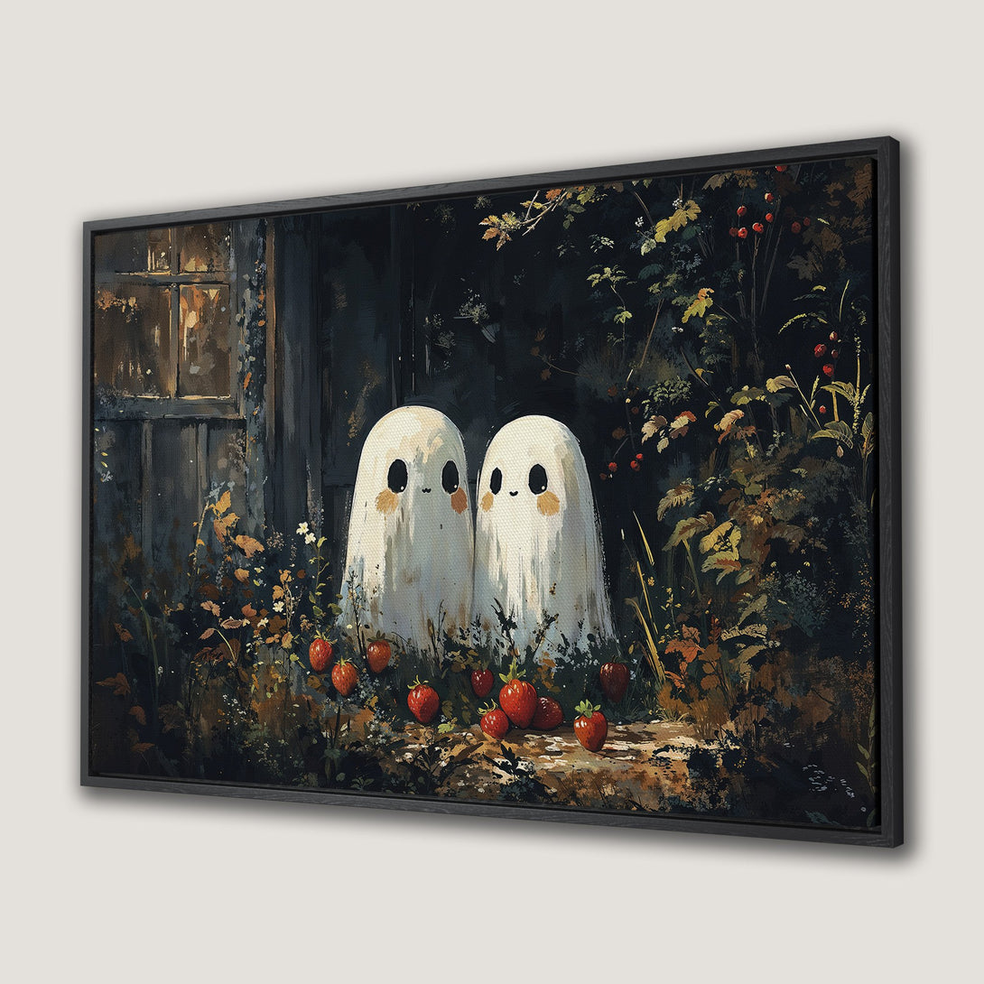Framed Wall Art: Adorable ghost couple in a whimsical forest scene. Dark, moody color palette with pops of red. Perfect Halloween decor!