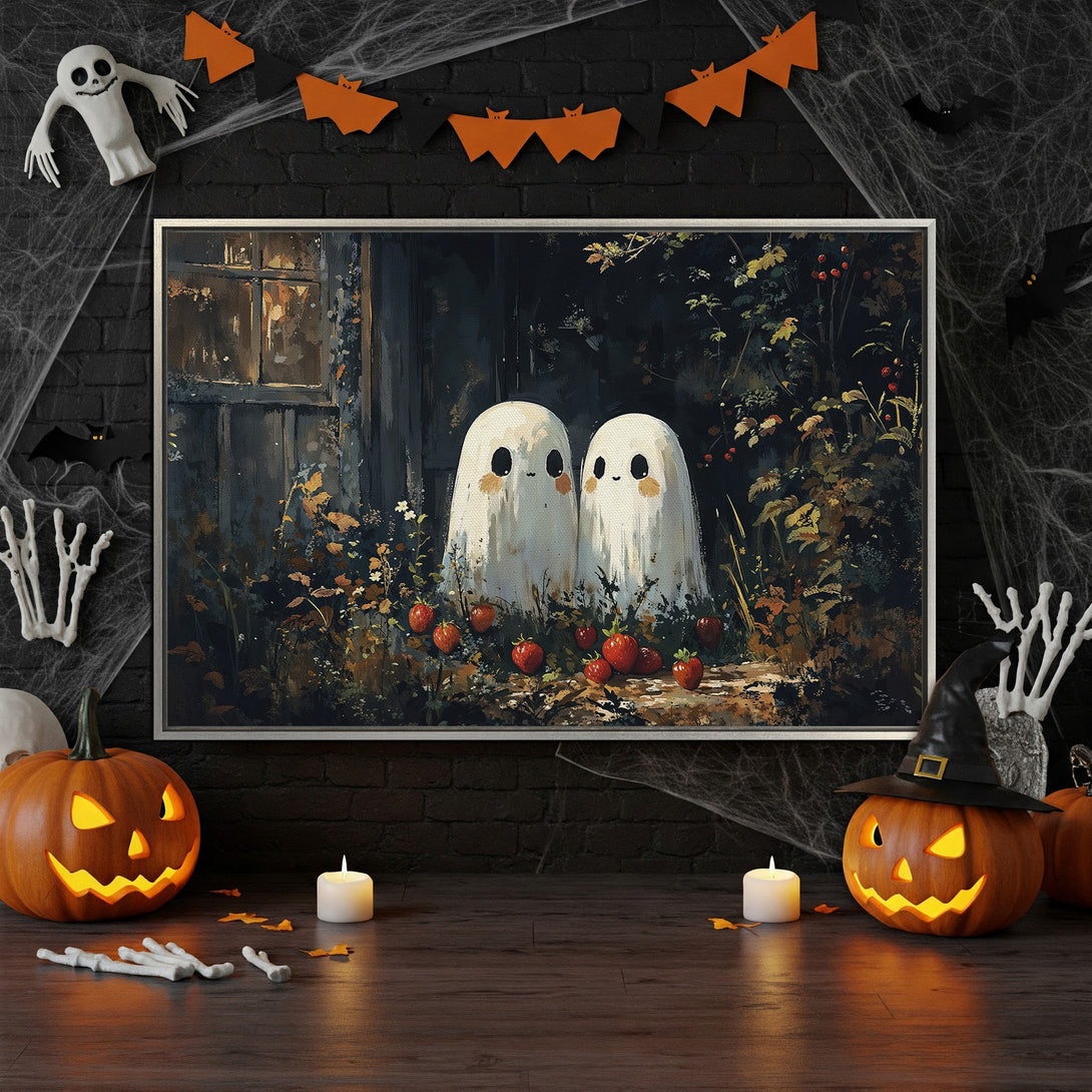 Framed Wall Art: Spooky Halloween canvas print featuring adorable ghosts in a dark, moody color palette. Perfect for adding a touch of whimsy to your decor!