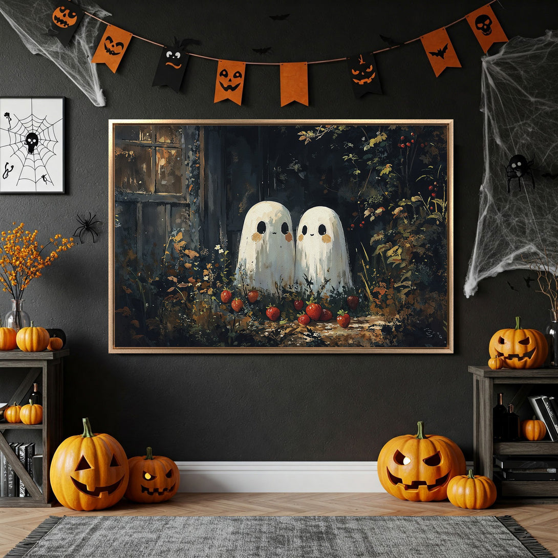 Framed Wall Art: Adorable ghost painting in a cozy Halloween interior. Warm, earthy tones with a touch of spooky charm. Perfect for fall decor!