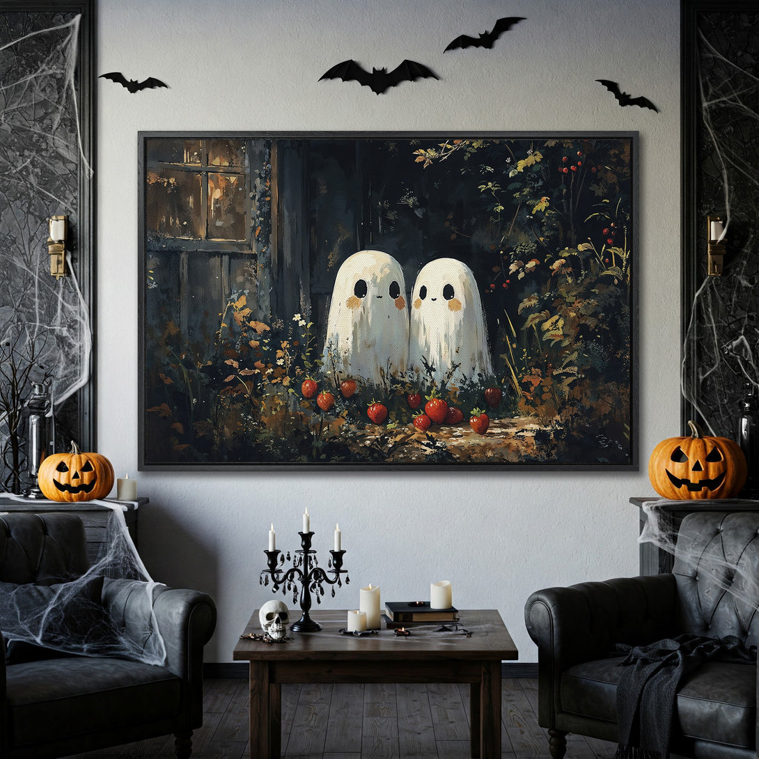 Framed Wall Art: Adorable ghost painting in a dark, moody style. Perfect Halloween decor with a warm, autumnal color palette.