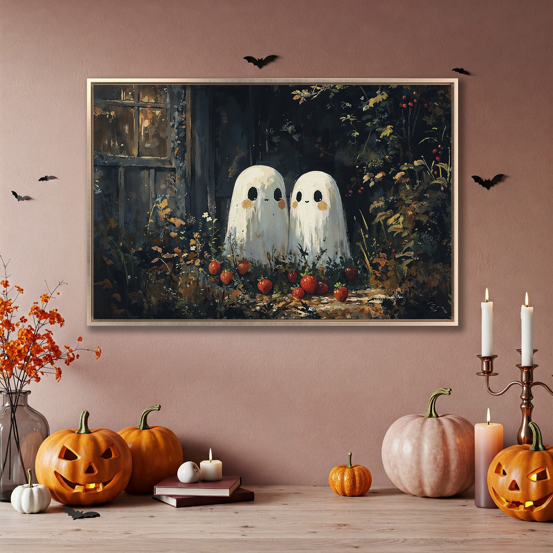 Framed Wall Art: Cute ghost painting in a whimsical style with a dark, moody color palette, perfect for Halloween decor.