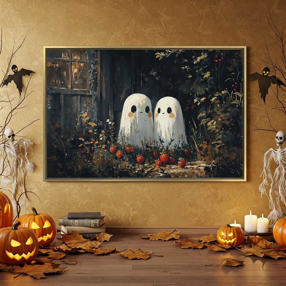 Halloween Canvas Print featuring adorable ghost art in a moody, autumnal color palette. Perfect spooky decor for your home!