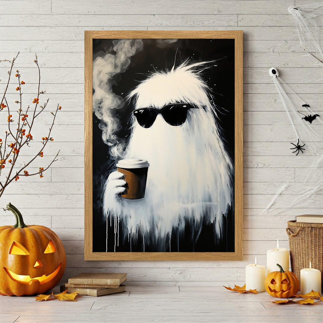 Framed Poster of a cool ghost enjoying coffee, modern art style, black, white & brown color palette. Perfect Halloween decor!