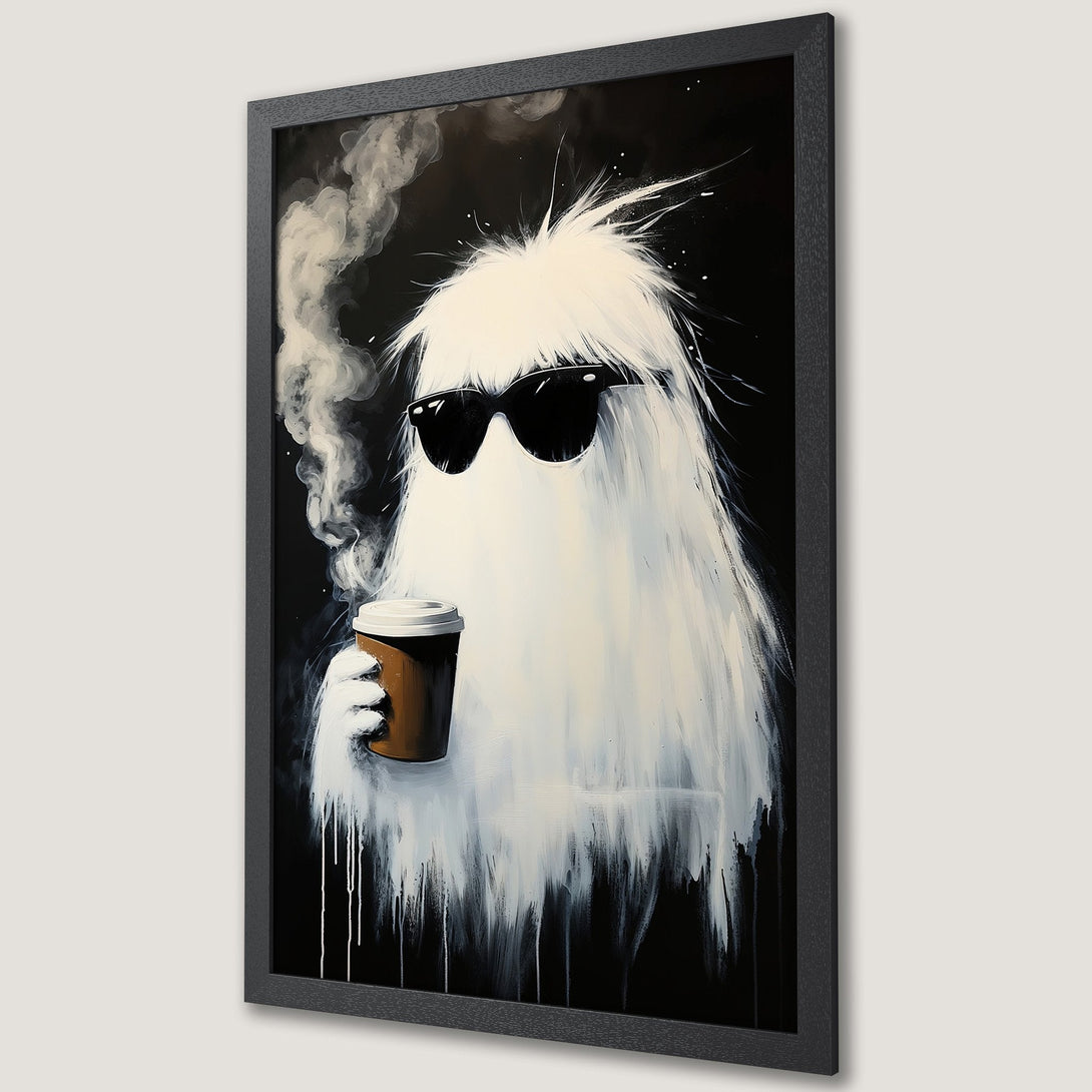 Framed Poster: Cool ghost art with coffee, black and white palette, modern style. Add this unique poster to your wall!