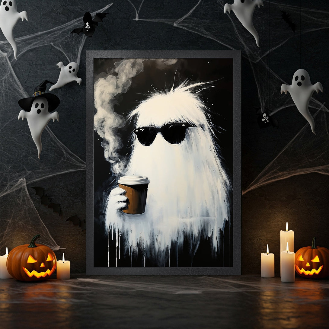 Framed Poster: Cool ghost art with coffee, black & white palette, Halloween decor. Modern style poster for spooky home.