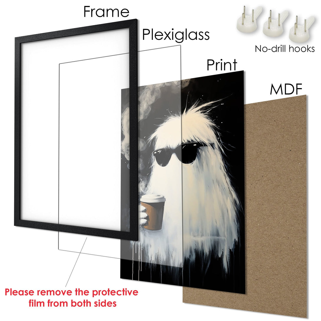 Framed Poster featuring a cool ghost with coffee, modern art style, black and white color palette. Ready to hang!