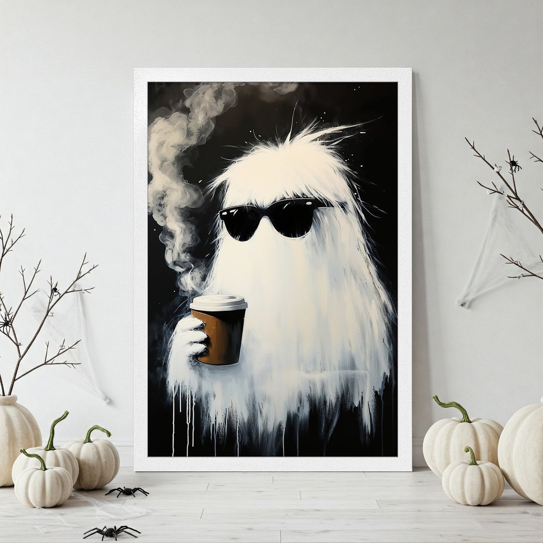 Framed Poster featuring a cool ghost with coffee, modern art style, black and white color palette. Perfect Halloween decor!